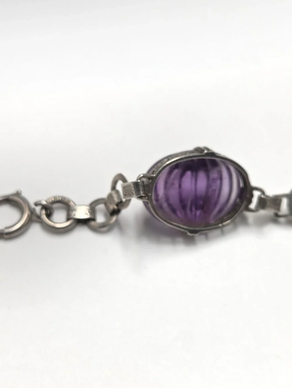 Vintage Art Deco Sterling Silver Filigree & Carved Amethyst Bracelet 7.5